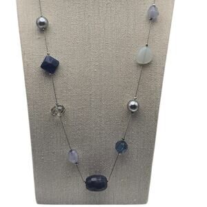 Blue Gray Station Bead Necklace Silver Long Layering Necklace Coastal Elegance